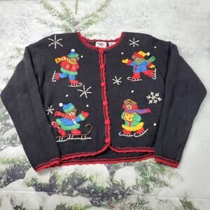 Vintage NutCracker Ice Skating Bears Embellished Black Cardigan size Medium